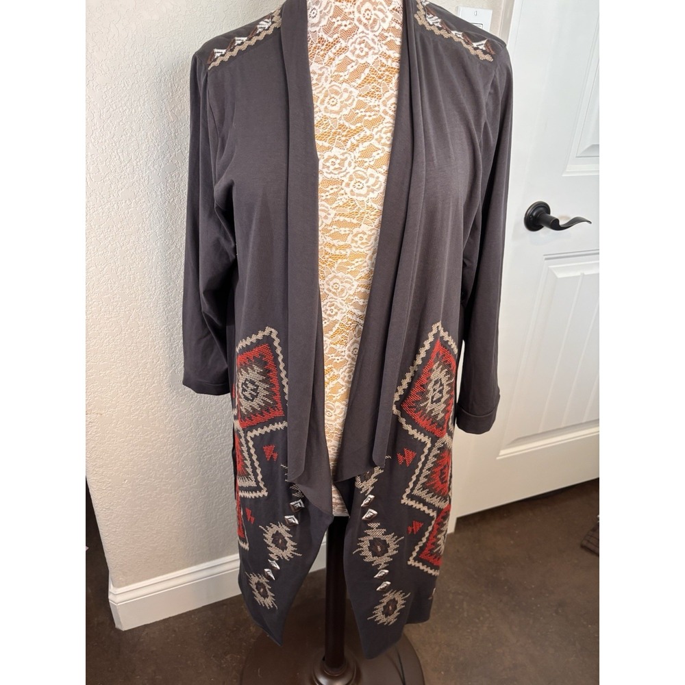 Urban Mangoz Cardigan Wrap Jacket Charcoal Grey Southwestern Aztec Embroidered L